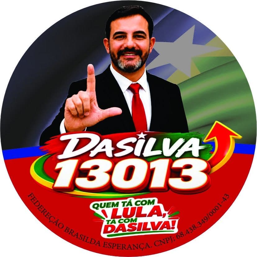 Arte circular de campanha com retrato de Dasilva, o número 13013 e a frase Quem tá com Lula, tá com Dasilva.