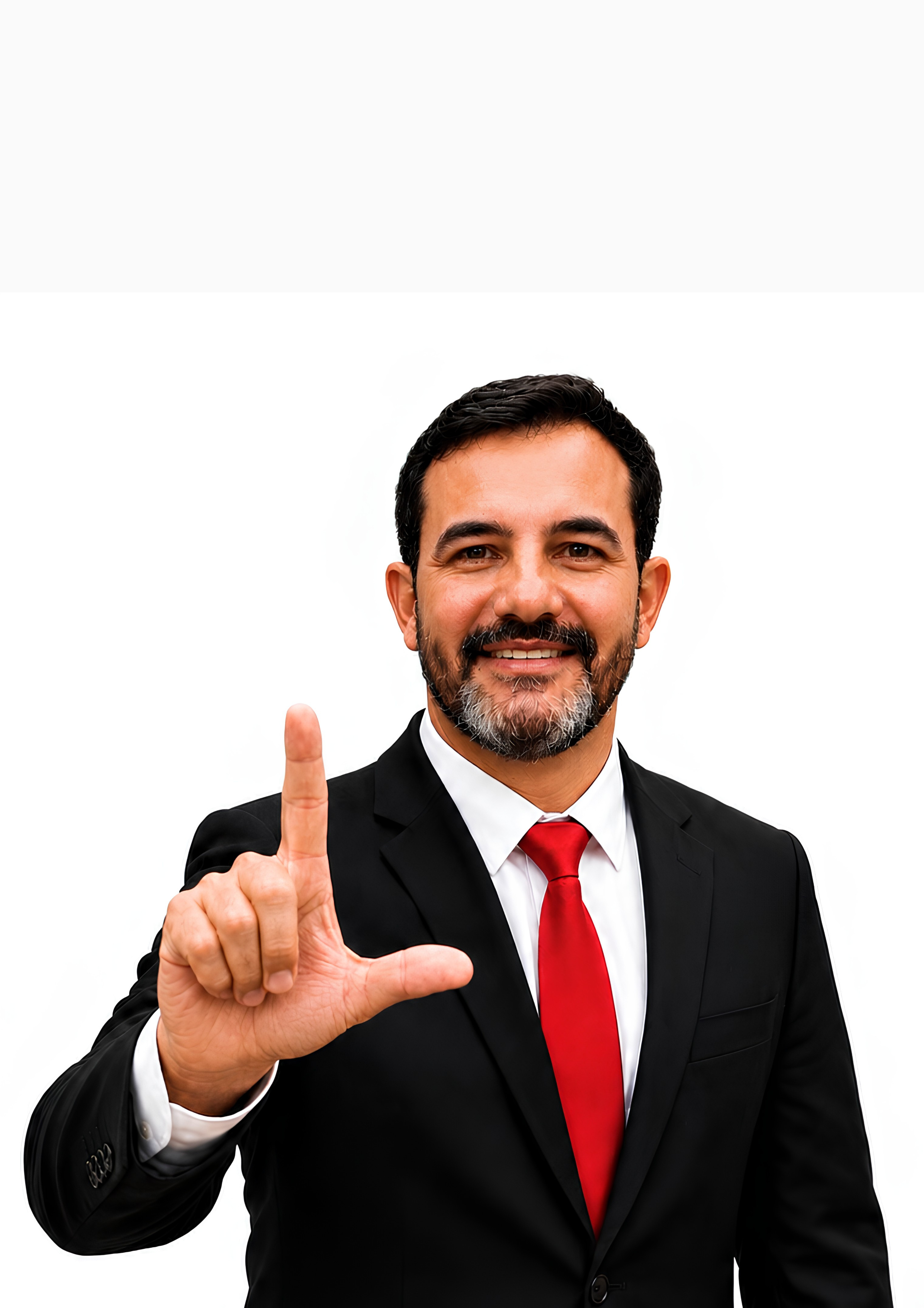Retrato de Dasilva de terno preto e gravata vermelha.